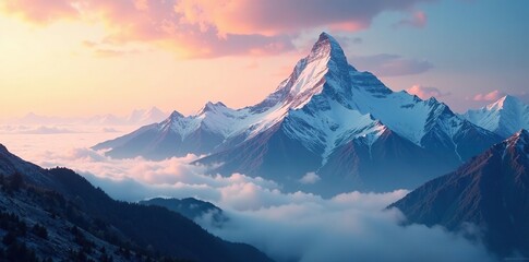 Snow-capped peak at dawn with a misty atmosphere, alps, clouds, misty