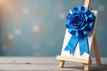 Colorful blue rosette with ribbon hanging from a wooden easel , trophy, decoration