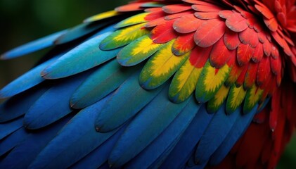 Obraz premium Colorful parrot's wing display, showcasing iridescent sheen and intricate feathers, iridescent, parrot