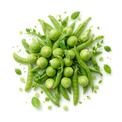 Vibrant overhead image of fresh green peas and Brussels sprouts, arranged in a visually appealing circular composition on a pure white background.