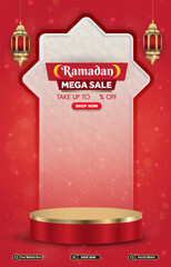ramadan mega sale template banner with 3d podium for product sale with red background design