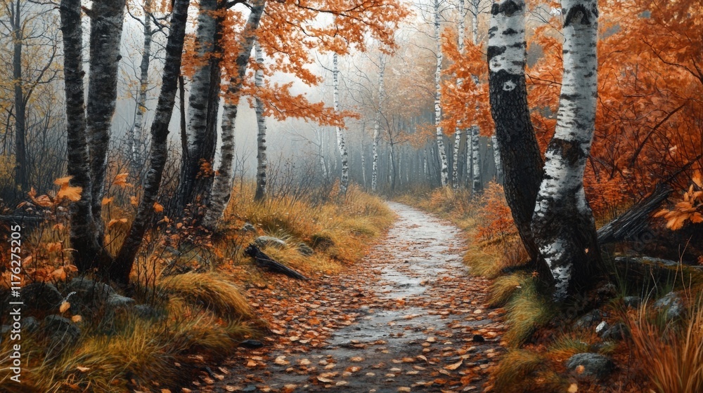 Poster a serene forest path adorned with autumn leaves, surrounded by birch trees, creating a tranquil and 