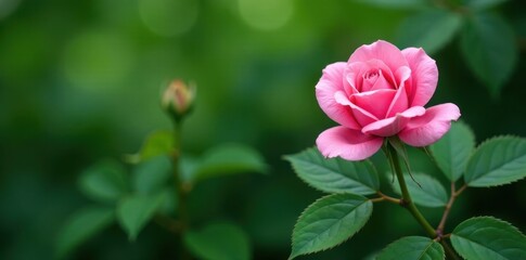 Delicate rose flower amidst lush green leaves frame, garden, nature