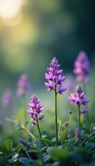 Delicate purple flowers bloom in soft focus, surrounded by gentle mist, purple flowers, nature