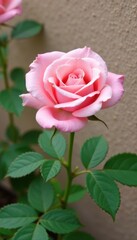 Delicate rose with green leaves framing its center, Rose, flower