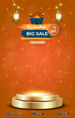 ramadan big sale template banner with 3d podium for product sale with orange background design