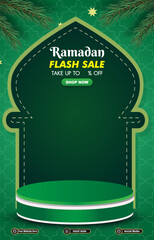 ramadan flash sale template banner with 3d podium for product sale with green background design
