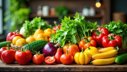 Fresh produce display table with vibrant organic fruits and vegetables, colorful fruits, farm fresh ingredients