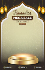 ramadan mega sale template banner with 3d podium for product sale with brown background design 01