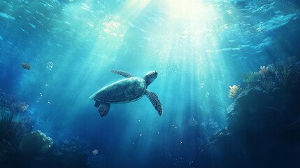 Obraz premium 68.Underwater scene with a sea turtle swimming near a floating plastic bag, the turtle nibbling at the bag mistaking it for food, with rays of sunlight piercing through the blue ocean water,