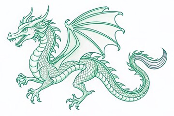 Fototapeta premium Minimalist Dragon Coloring Page: Flying Fantasy Creature Line Art Illustration