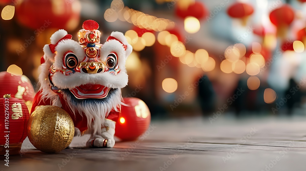 Aufkleber captivating scene of a vibrant chinese lion dance parade with an array of glowing colorful lanterns 