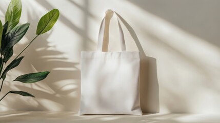 10.A simple white canvas tote bag displayed on a light neutral background with soft natural lighting, highlighting the clean fabric texture and allowing space for personalized branding, perfect for