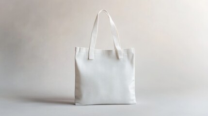 34.A simple white canvas tote bag displayed against a seamless light grey background, with soft lighting that emphasizes its eco-friendly fabric texture, providing ample negative space for logos,