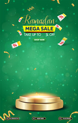 ramadan mega sale template banner with 3d podium for product sale with green background design