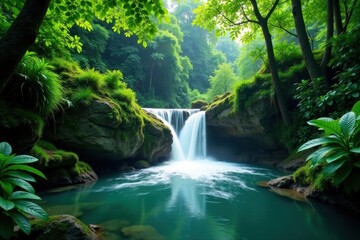 Fototapeta premium Lush foliage surrounds tranquil water flow under jungle dam, pervasive, watery