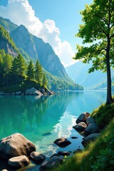 Lush green trees stand tall along the shore of a vast blue lake during late summer, serene atmosphere, warm light