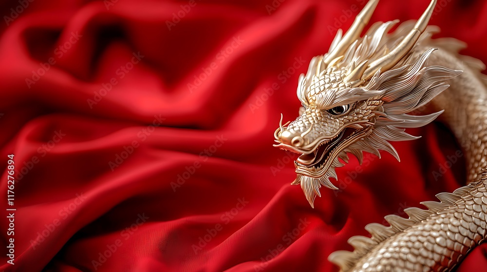 Poster close up view of a golden dragon s tail elegantly coiling and weaving through a vibrant red fabric o
