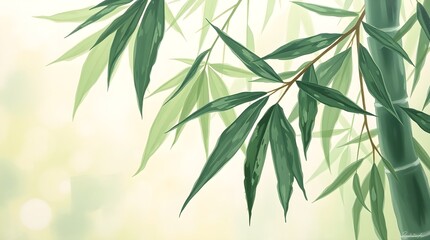 Fototapeta premium bamboo leaves painted with textured brush strokes, calming green background, large space for copy