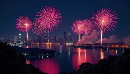 New Year's Eve fireworks over a city skyline at night, City, Celebration