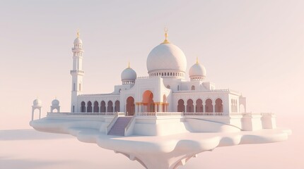 Naklejka premium architectural of a 3D rendered fantasy Islamic building on a floating island. The style is adorable and cute. Soft pastel color scheme, gentle soft lighting, diffused shadows and subtle illumination
