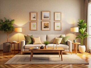 Minimalist Living Room Interior Design with Empty Frames and Soft Lighting