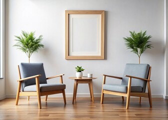 Minimalist Living Room Mockup: Empty Frame, Wooden Chairs, White Wall