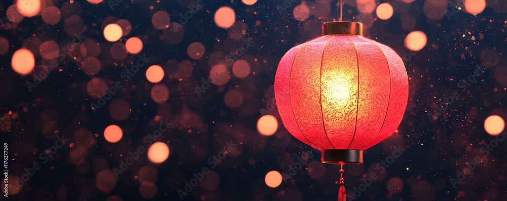 Poster a glowing red lantern surrounded by blurred bokeh lights, creating a warm and festive atmosphere.