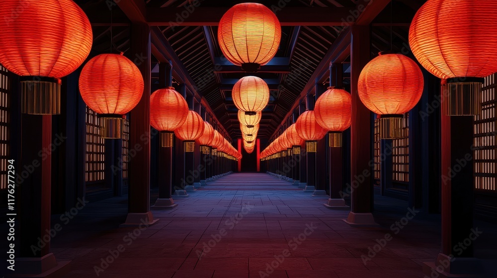 Poster a serene walkway adorned with vibrant red lanterns, creating a warm and inviting atmosphere in a tra