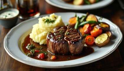 Juicy Classic Dinner of Steak with Mashed Potatoes and Colorful Vegetables on a Plate