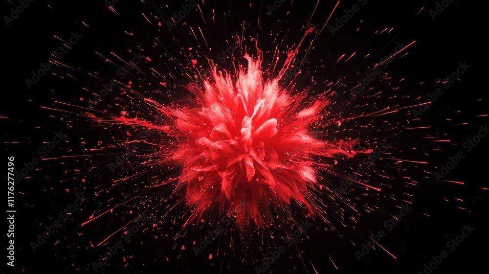 Wall mural intense red fireworks exploding in the night sky.