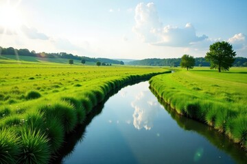 Obraz premium Serene river meanders through green fields on a sunny day, sunshine, landscape