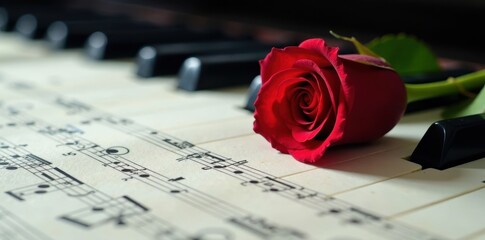 Single red rose rests on a sheet of music, partially covering piano keys in a harmonious composition, piano keys, soothing colors