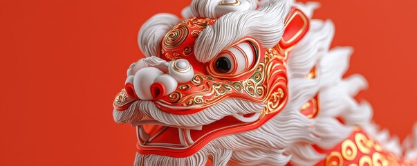 Fototapeta premium A vibrant, intricately designed dragon sculpture with striking red and white colors, set against a bold orange background.