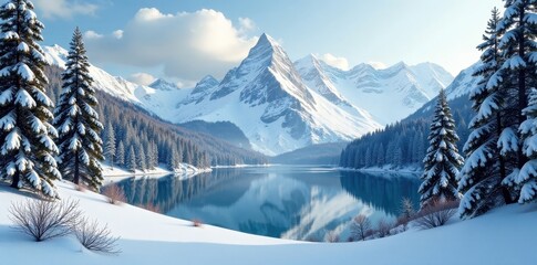 Snowy forest landscape with a serene lake and snow-capped mountains in the background, snow, serene