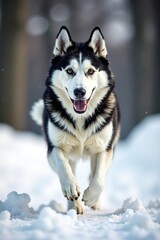 Naklejka premium Snowy Siberian Husky, black and white, running, fast, movement