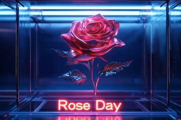 Holographic Rose in High-Tech Minimalist Setting, Metallic Petals, Neon 'Rose Day' Text Below