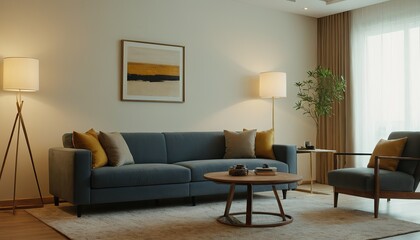 Modern Scandinavian home interior design characterized by an elegant living room featuring a comfortable sofa, mid century furniture, cozy carpet, wooden floor, white walls, and home plants. 17