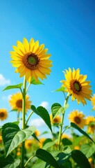 Sunflowers standing tall in a bright blue sky, tall, lively