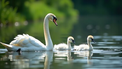 Fototapeta premium Swan family on the lake at M?ritz National Park in summer, feather, lake