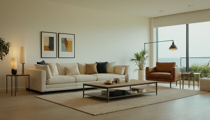 Fototapeta premium Modern Scandinavian home interior design characterized by an elegant living room featuring a comfortable sofa, mid century furniture, cozy carpet, wooden floor, white walls, and home plants. 12
