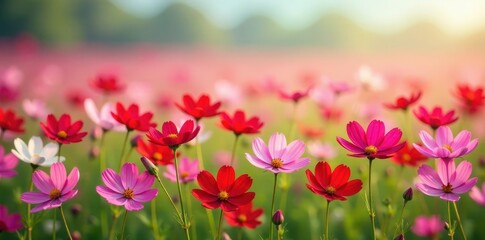 Fototapeta premium Vast meadow of vibrant cosmos flowers with soft petal hues and delicate stems swaying gently in the breeze, floral fields, sunny meadow