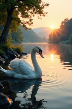 Unione di un cigno bianco sulle acque serene di un lago al tramonto caldo, serenit?, animali marini
