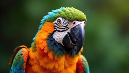 Fototapeta premium Vibrant plumage on parrot's head and beak, with intricate feather patterns, close-up, feathers