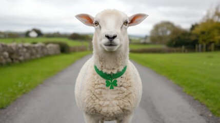 Fototapeta premium A charming sheep stands confidently in a serene rural landscape, wearing a festive green decoration, symbolizing nature's beauty and tranquility amidst the countryside.