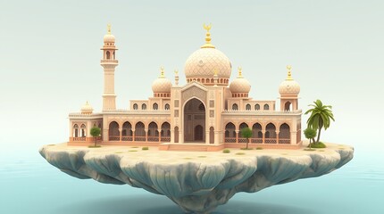 Fototapeta premium architectural of a 3D rendered fantasy Islamic building on a floating island. The style is adorable and cute. Soft pastel color scheme, gentle soft lighting, diffused shadows and subtle illumination