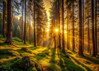 Minimalist Summer Sunset: Golden Rays Filtering Through Mountain Forest