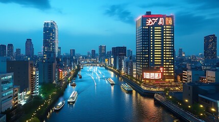 Naklejka premium Nighttime Cityscape River Boats Buildings Illuminated