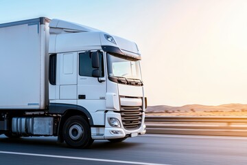 Obraz premium Modern White Truck Driving on Open Highway at Sunset