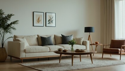 Fototapeta premium Modern Scandinavian home interior design characterized by an elegant living room featuring a comfortable sofa, mid century furniture, cozy carpet, wooden floor, white walls, and home plants. 2